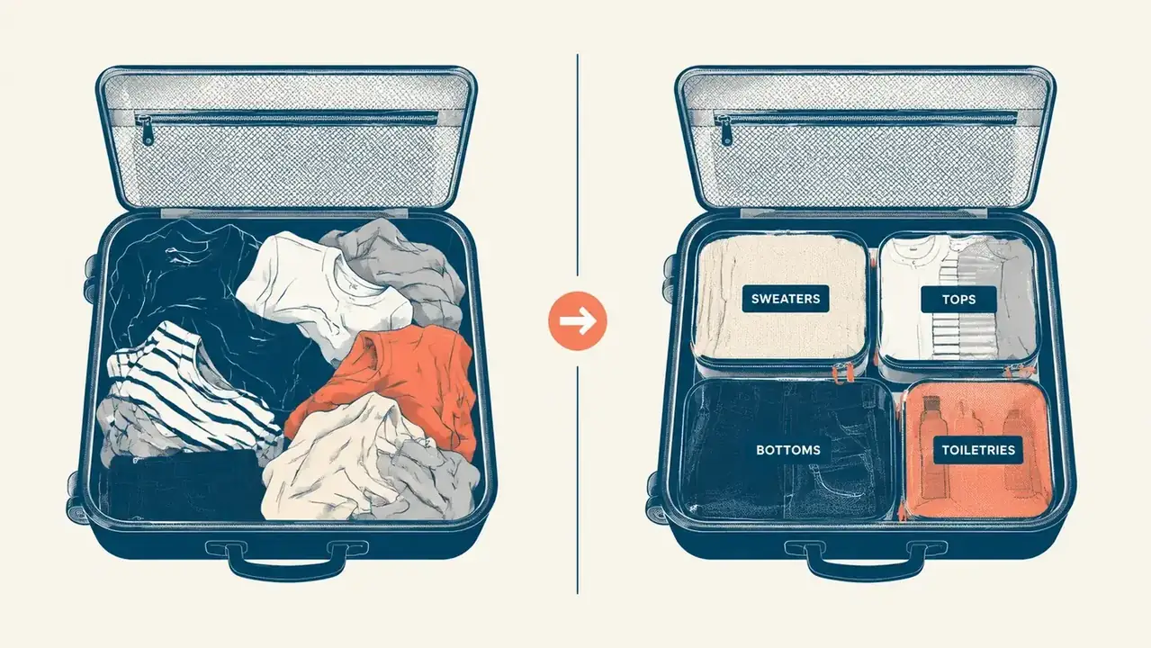 Side-by-side comparison showing a messy suitcase versus an organized suitcase with packing cubes