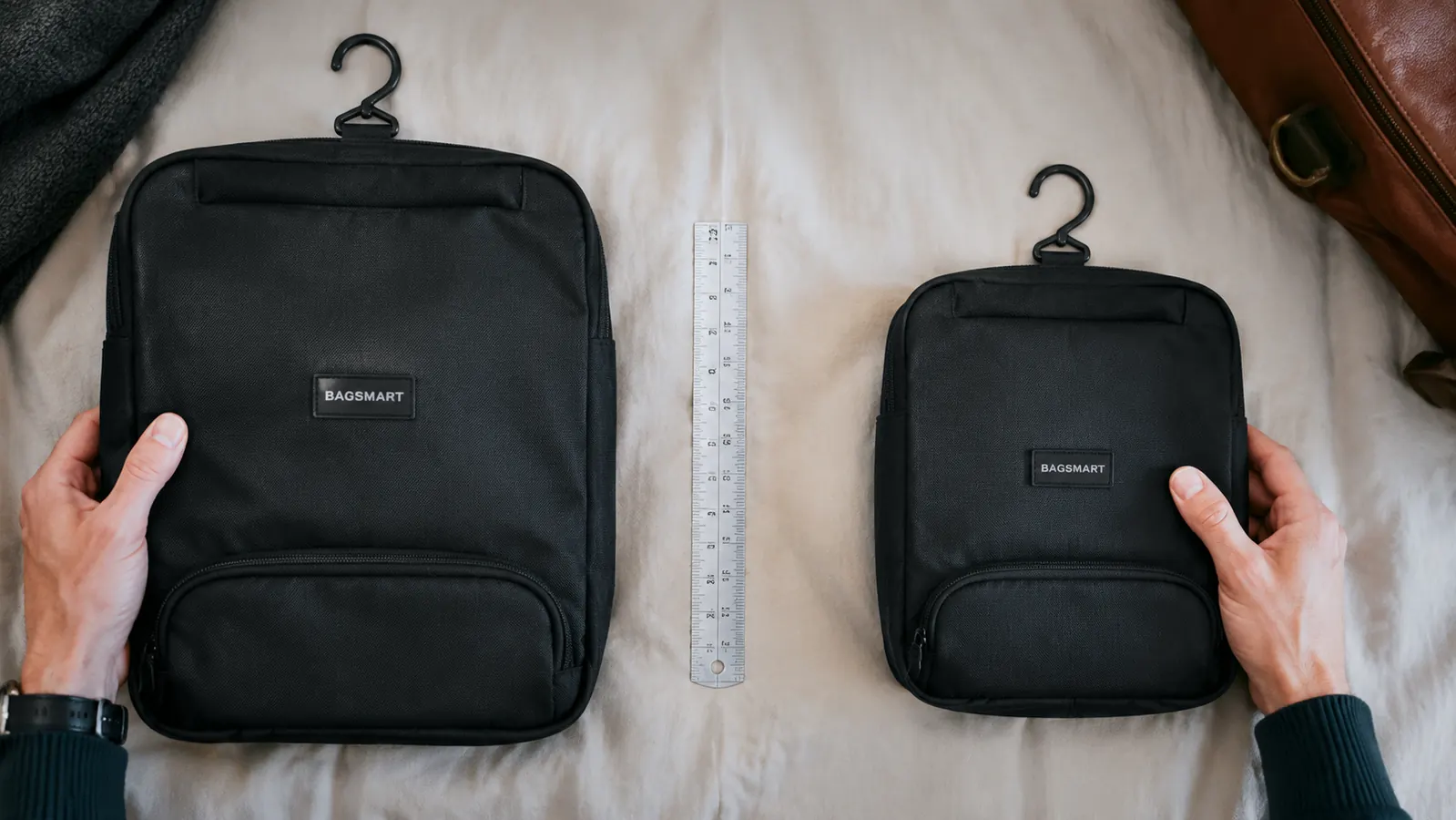 Side-by-side flat lay of the BAGSMART medium and large toiletry bags on a white surface with a ruler for scale