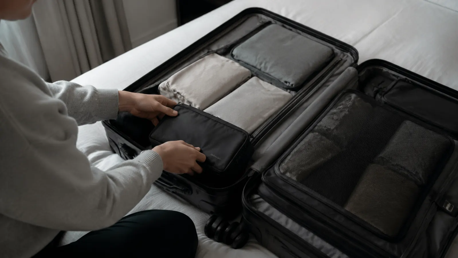 BAGSMART toiletry bag folded flat and packed inside a carry-on suitcase alongside packing cubes