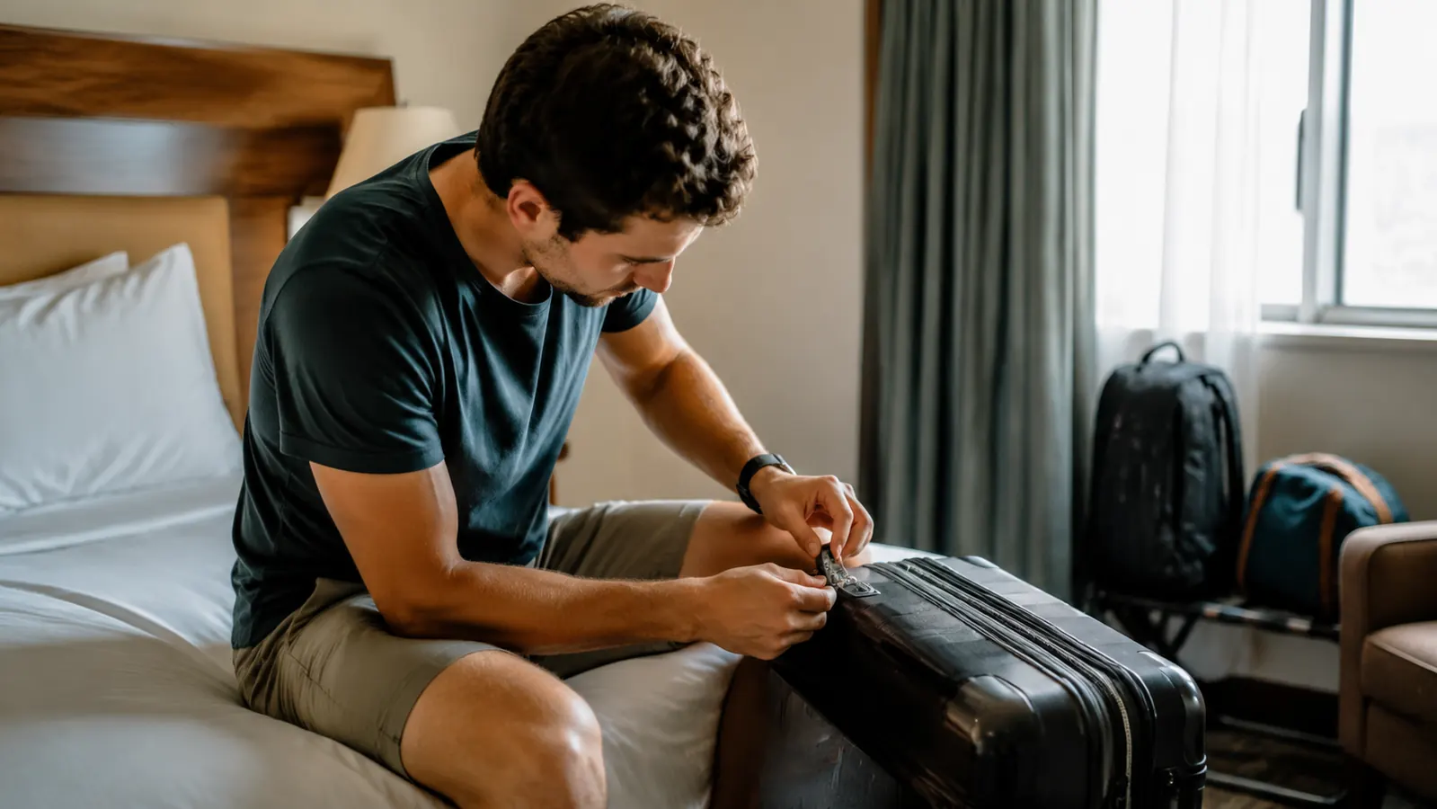 Traveler latching a luggage lock onto a checked suitcase on a hotel bed before heading to the airport