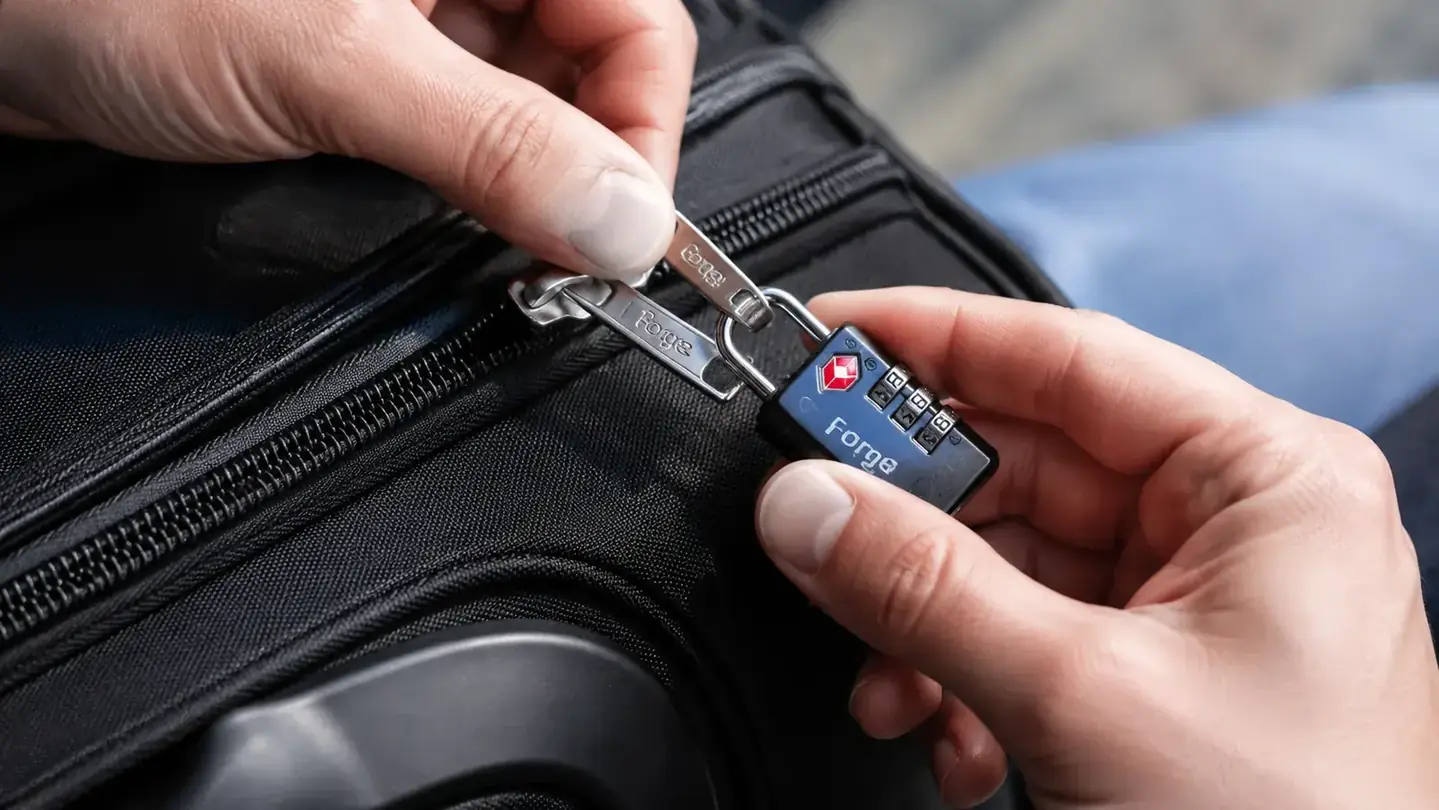Forge TSA lock clipped to suitcase zipper pulls with open-alert indicator window visible