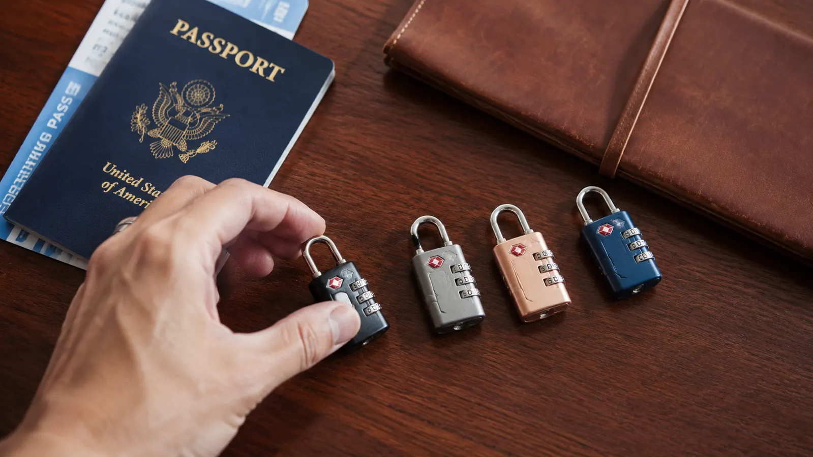 Four Forge TSA locks laid out on a wooden surface next to a passport and boarding passes