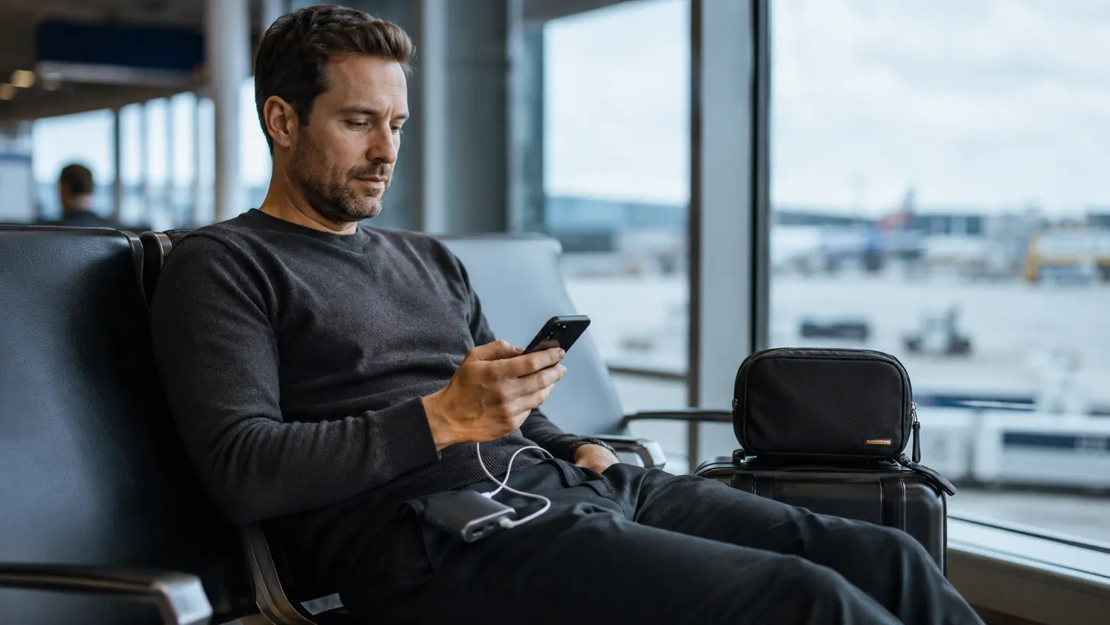 Relaxed traveler at airport gate with phone charging, small black cable bag visible on top of carry-on