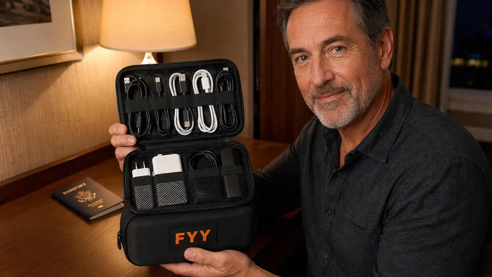 Overhead flat lay of the full contents of a FYY organizer spread out next to the open bag: two cables, a wall adapter, earbuds, a small power bank, and a travel adapter