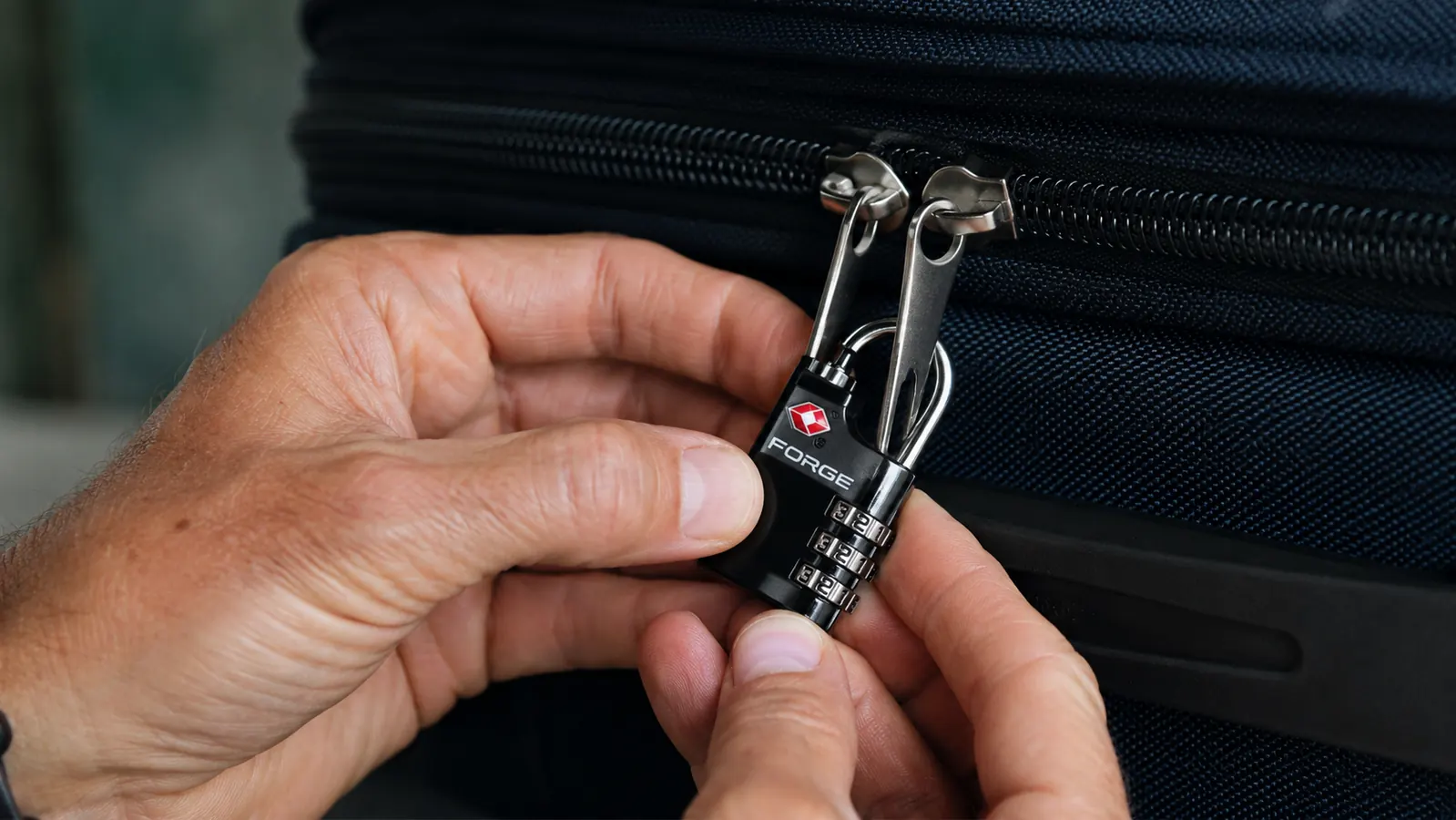 Close-up of a Forge TSA combination lock attached to suitcase zipper pulls
