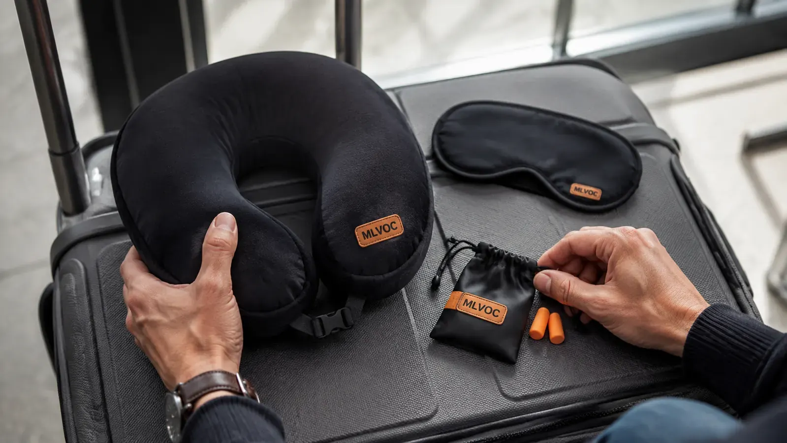 MLVOC memory foam travel pillow laid flat beside its carrying bag, eye mask, and earplugs on a carry-on suitcase