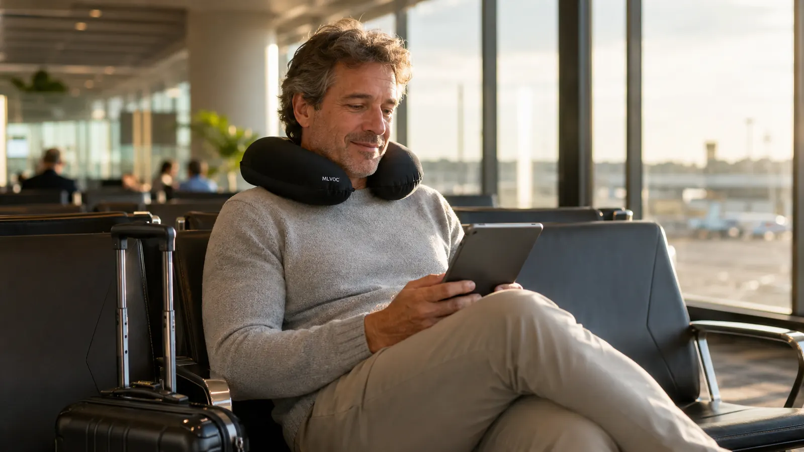 Traveler in an airport lounge using the MLVOC neck pillow while reading on a tablet before boarding