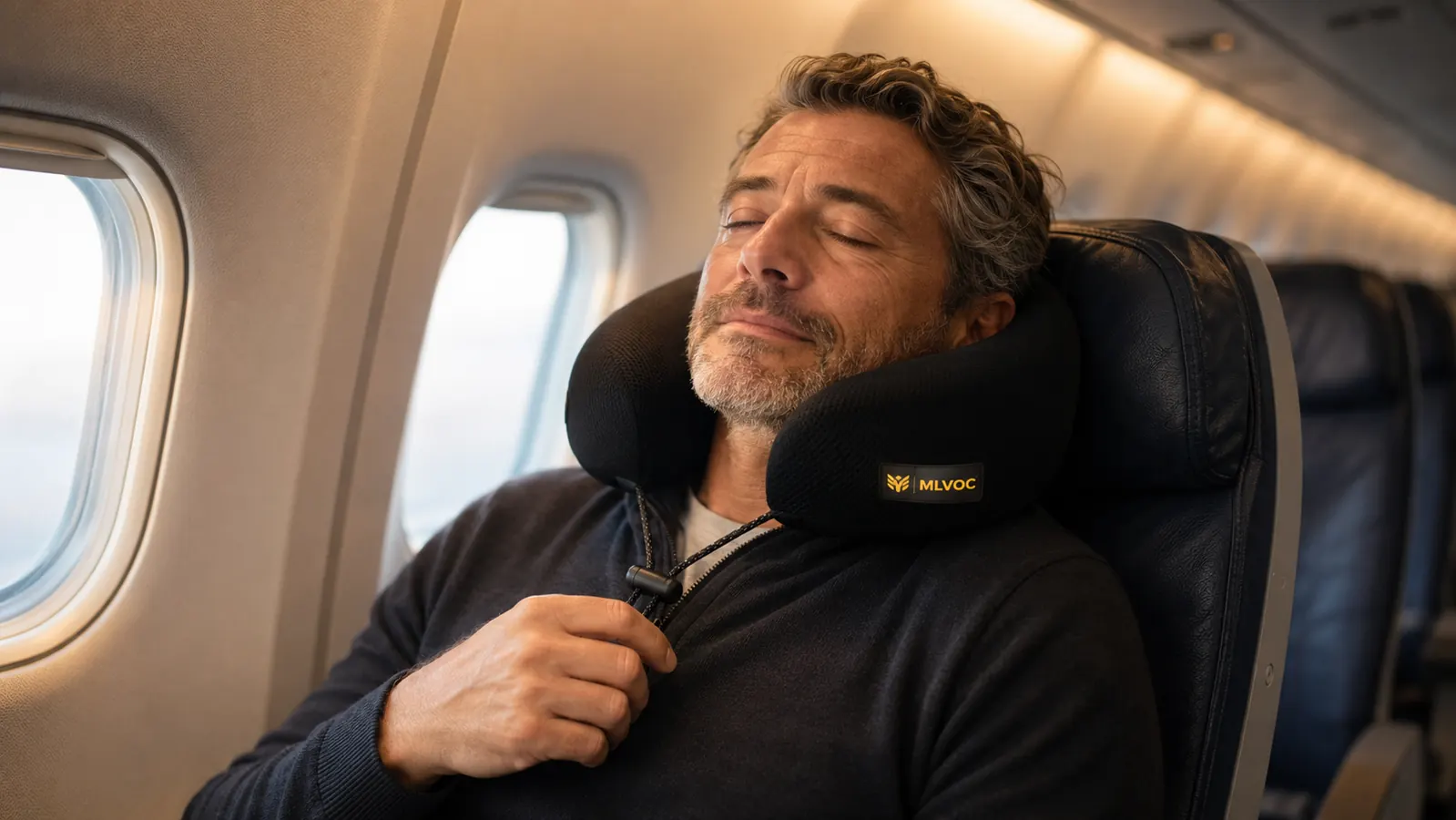 Traveler wearing the MLVOC memory foam neck pillow on an airplane, head resting comfortably against the seat