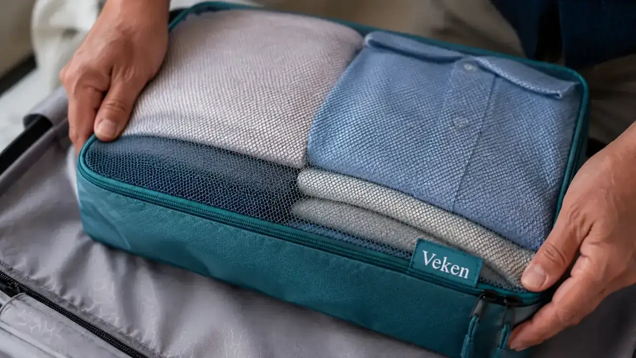 Close-up of the mesh top panel of a Veken packing cube showing folded clothing inside